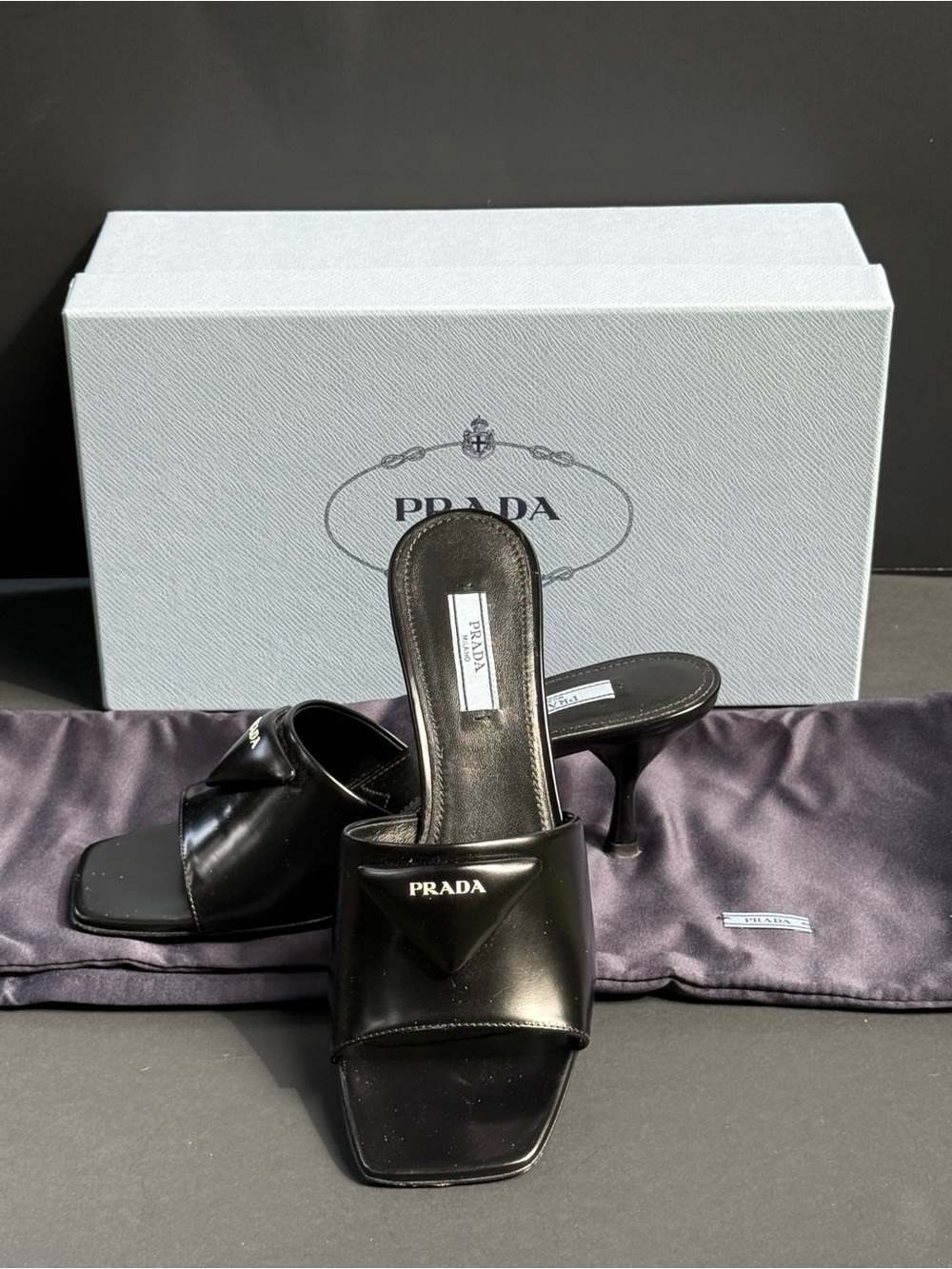 Prada Black Brushed Leather Triangle Logo Heeled Slides EU 38 US 8